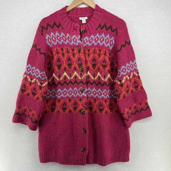 SUNDANCE Sweater PM Petite Fair Isle Thermal Cardigan Button Up Wool Blend Pink - Picture 1 of 16